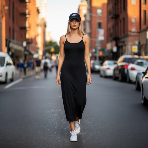 Mono B Dresses & Skirts - Women’s Black Bodycon MidiDress Spagetti Strap Back Slit Strechy